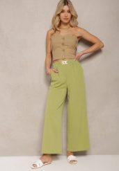 Jasnozielone Spodnie z Szerokimi Nogawkami w Stylu Palazzo High Waist z Gumką w Pasie z Ozdobnym Elementem Ellsiana. Zielone jeansy Renee, l, bez wzorów, z bawełny, eleganckie, z podwyższonym stanem. W wyprzedaży za 35.99 zł.