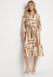 Beżowa Sukienka Koszulowa z Wiskozą w Geometryczny Wzór Wiązana w Talii Ninalora. Brązowe sukienki Born2be, na co dzień, l, bez wzorów, z wiskozy, eleganckie, bez kołnierzyka, bez ramiączek, midi, koszulowe. W wyprzedaży za 118.99 zł.