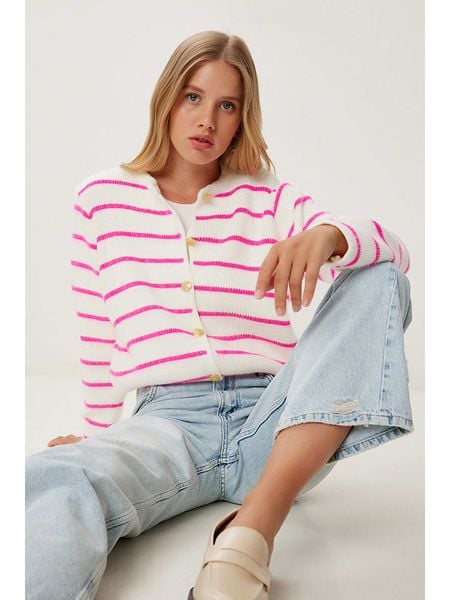 Happiness Istanbul Kardigan w kolorze różowo-białym rozmiar: onesize. Białe swetry Happiness Istanbul, bez wzorów, ze splotem, bez ramiączek. Za 123.25 zł.
