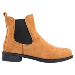 Stylowe sztyblety brązowe. Brązowe botki bez wzorów, ze skóry, eleganckie, z okrągłym noskiem, bez obcasa, na obcasie, bez zapięcia. Za 142.61 zł.