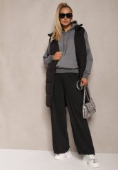 Czarne Spodnie Dzianinowe o Szerokim Kroju High Waist z Gumką w Pasie i Sznurkiem Creitta. Czarne jeansy Renee, s, bez wzorów, z dzianiny, z podwyższonym stanem. W wyprzedaży za 29.99 zł.
