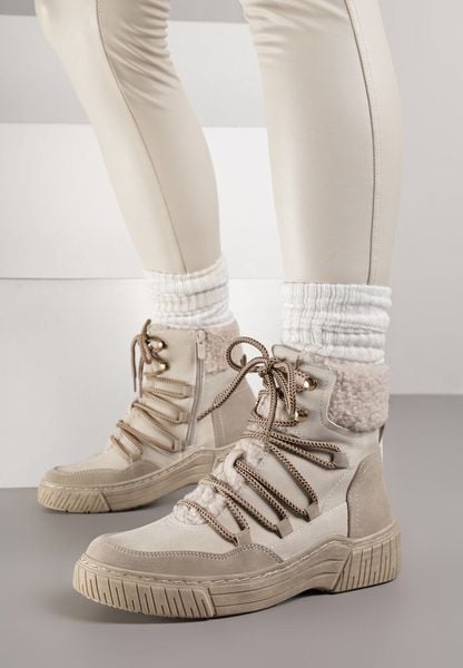 Beżowe Sznurowane Śniegowce z Futerkiem Typu Baranek Mevesalia. Brązowe śniegowce Born2be, bez wzorów, z jeansu, przed kolano, bez zapięcia. Za 129.99 zł.