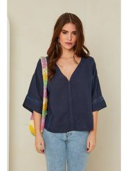 Rodier Lin Lniana bluzka w kolorze granatowym rozmiar: XL/XXL. Niebieskie bluzki Rodier Lin, xl, bez wzorów, z koronki, bez kołnierzyka, bez ramiączek. Za 105.63 zł.