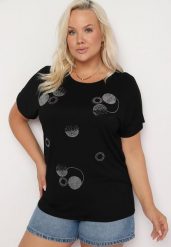 Czarny T-shirt z Bawełny Wykończony Cyrkoniami Krissianne. Czarne t-shirty Born2be, l, z aplikacjami, z bawełny, biznesowe, bez kołnierzyka, bez ramiączek. Za 59.99 zł.