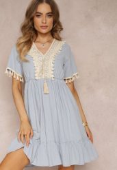 Niebieska Sukienka Mini z Gumką w Talii i Ozdobną Taśmą z Cekiniami Ofelifia. Niebieskie sukienki Renee, na co dzień, l, bez wzorów, bez kołnierzyka, bez ramiączek, mini, proste. W wyprzedaży za 75.99 zł.