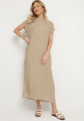 Beżowa Sukienka Pudełkowa Ozdobiona Wiązaniem Napelira. Brązowe sukienki Born2be, na co dzień, l, bez wzorów, z jeansu, eleganckie, bez kołnierzyka, bez ramiączek, maxi. Za 109.99 zł.