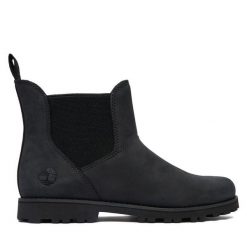 Sztyblety Timberland. Czarne botki Timberland, bez wzorów, bez obcasa, na płaskiej podeszwie, bez zapięcia. Za 319.99 zł.