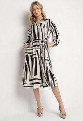 Czarna Sukienka Koszulowa z Wiskozą w Geometryczny Wzór Wiązana w Talii Ninalora. Czarne sukienki Born2be, na co dzień, l, bez wzorów, z wiskozy, eleganckie, bez kołnierzyka, bez ramiączek, midi, koszulowe. W wyprzedaży za 112.49 zł.