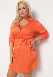 Pomarańczowa Sukienka Mini Zapinana na Guziki z Cienkim Materiałowym Paskiem Venudda. Brązowe sukienki Born2be, xl, bez wzorów, z materiału, bez kołnierzyka, bez ramiączek, mini. W wyprzedaży za 63.74 zł.