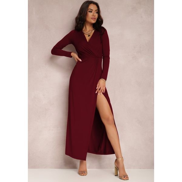 Bordowa Sukienka Agathelle. Czerwone sukienki Renee, l, bez wzorów, glamour, bez kołnierzyka, bez ramiączek, maxi, kopertowe. Za 119.99 zł.