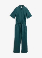 Kombinezon z czystego lnu. Niebieskie kombinezony bonprix, na lato, bez wzorów, ze lnu, eleganckie, bez kołnierzyka, bez ramiączek. Za 339.99 zł.