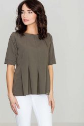 Elegancka Oliwkowa Bluzka z Kontrafałdami z Przodu. Zielone bluzki Katrus, m, bez wzorów, z materiału, eleganckie, bez kołnierzyka, bez ramiączek. Za 199.00 zł.