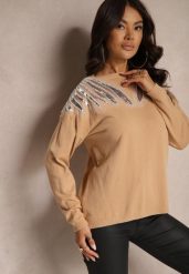 Ciemnobeżowy Sweter z Wiskozą Ozdobiony Koralikami i Cekinami Nevarita. Brązowe swetry Renee, na zimę, m, bez wzorów, z wiskozy, casualowe, bez ramiączek. W wyprzedaży za 71.99 zł.