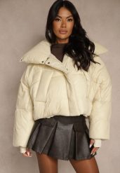 Beżowa Nietoperzowa Kurtka z Szerokim Kołnierzem i Ściągaczami Neavirae. Brązowe kurtki Renee, l, bez wzorów, z jeansu, eleganckie, bez kaptura. Za 219.99 zł.