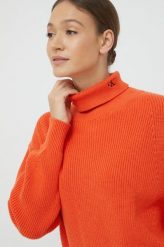 Calvin Klein Jeans sweter damski kolor pomarańczowy lekki z golfem. Brązowe swetry Calvin Klein Jeans, l, bez wzorów, z jeansu, bez ramiączek. Za 539.99 zł.