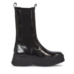 Sztyblety Calvin Klein. Czarne botki Calvin Klein, bez wzorów, bez obcasa, na koturnie, bez zapięcia. Za 539.99 zł.