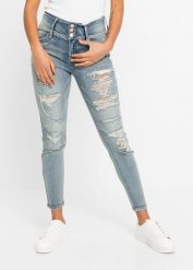 Dżinsy SKINNY z wysoką talią i ozdobnymi przetarciami. Niebieskie jeansy bonprix, bez wzorów, z jeansu. Za 112.99 zł.