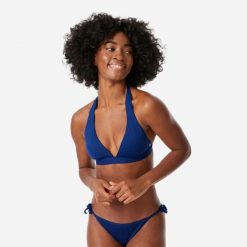 Góra kostiumu kąpielowego damska Decathlon Cora Zuma. Niebieskie bikini Decathlon, bez wzorów, z elastanu, sportowe. Za 69.99 zł.