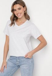 Jasnoszary Bawełniany T-shirt z Trójkątnym Dekoltem Nelirna. Szare t-shirty Born2be, l, bez wzorów, z bawełny, bez kołnierzyka, bez ramiączek. W wyprzedaży za 33.99 zł.