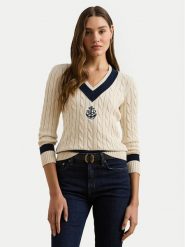 LAUREN RALPH LAUREN Sweter 200957479001 Beżowy Regular Fit. Brązowe swetry Lauren Ralph Lauren, s, bez wzorów, z bawełny, bez ramiączek. Za 839.99 zł.