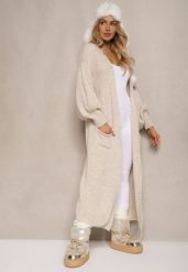 Beżowy Kardigan Długi z Bufiastym Rękawem Mesho. Brązowe swetry Renee, bez wzorów, z jeansu, eleganckie, bez ramiączek. W wyprzedaży za 103.99 zł.