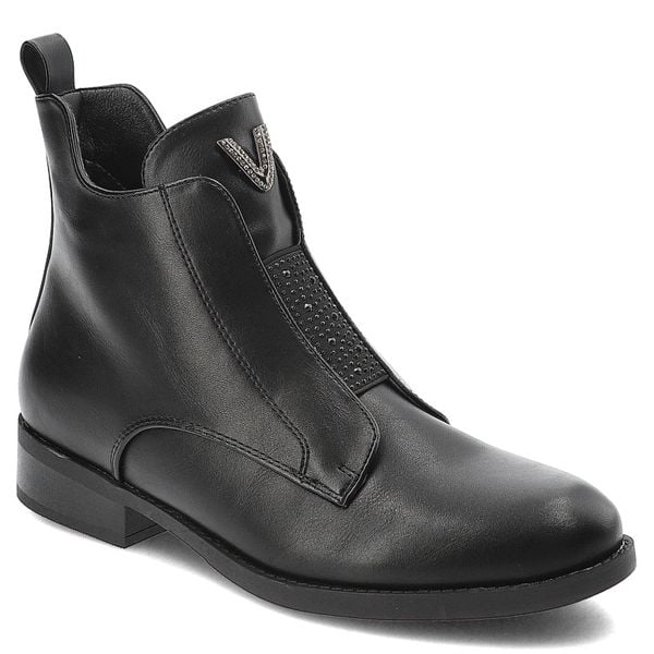 Czarne Botki S.Barski Eleganckie Obuwie Damskie. Czarne botki S.BARSKI, z aplikacjami, ze skóry ekologicznej, eleganckie, bez obcasa, na obcasie, bez zapięcia. Za 159.00 zł.