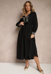 Czarna Sukienka Rozkloszowana z Wiskozą Zdobiona Haftem i Wiązana w Talii Ninalisa. Czarne sukienki Renee, na co dzień, l, z aplikacjami, z wiskozy, eleganckie, bez kołnierzyka, bez ramiączek, maxi, kopertowe. W wyprzedaży za 127.99 zł.