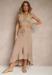 Ciemnobeżowa Spódnica z Przedłużonym Tyłem Zdobiona Falbanami i Guzikami Maleira. Brązowe spódnice Renee, na co dzień, l, z aplikacjami, boho, midi, asymetryczne. W wyprzedaży za 35.99 zł.