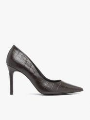 Ciemnobrązowe szpilki skóra krokodyla. Brązowe szpilki Ryłko, bez wzorów, ze skóry, eleganckie, bez obcasa, na szpilce, bez zapięcia. Za 399.99 zł.