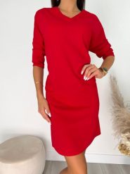 Czerwona Sukienka z Kieszeniami 8459-526-E. Czerwone sukienki ModnaKiecka.pl, do pracy, s, bez wzorów, z elastanu, biznesowe, bez kołnierzyka, bez ramiączek, proste. Za 94.99 zł.