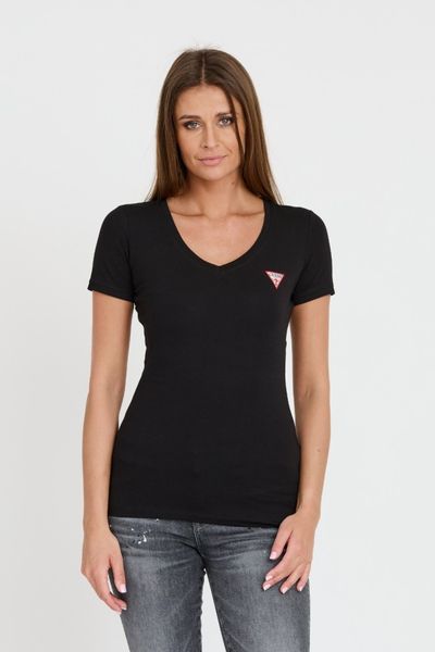 GUESS Czarny damski t-shirt Mini Triangle Tee, Rozmiar M. Czarne t-shirty Guess, m, z aplikacjami, bez kołnierzyka, bez ramiączek. W wyprzedaży za 89.99 zł.