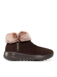 Skechers Botki On The Go Joy 144003/CHOC Brązowy. Brązowe botki Skechers, bez wzorów, ze skóry, bez obcasa, na płaskiej podeszwie, bez zapięcia. Za 379.99 zł.