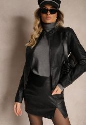Czarna Kurtka Ramoneska o Taliowanym Motocyklowym Kroju ze Stójką Delorine. Czarne kurtki Renee, l, bez wzorów, z materiału, bez kaptura. W wyprzedaży za 97.49 zł.