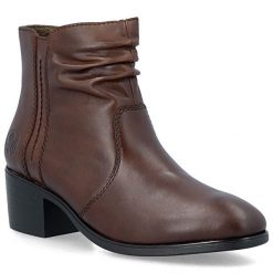 Skórzane botki damskie na klocku brązowe Rieker 73953-27. Brązowe botki Rieker, bez wzorów, ze skóry, bez obcasa, bez zapięcia. Za 449.00 zł.