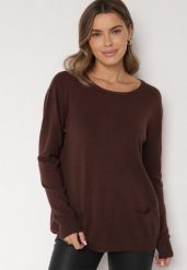 Brązowy Sweter z Kaszmirem i Ozdobnymi Kieszeniami Sanarea. Brązowe swetry Born2be, bez wzorów, z jeansu, eleganckie, bez ramiączek. Za 99.99 zł.
