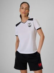 4F Koszulka piłkarska regular szybkoschnąca damska - biała L. Białe t-shirty sportowe 4f, l, bez wzorów, z materiału, bez ramiączek, na fitness i siłownię. Za 119.99 zł.