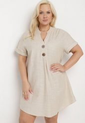 Beżowa Sukienka z Lnem Pudełkowa z Krótkim Rękawem i Guzikami Effienu. Brązowe sukienki Born2be, na spotkanie biznesowe, l, bez wzorów, z materiału, eleganckie, bez kołnierzyka, bez ramiączek, mini. Za 129.99 zł.