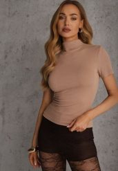 Beżowy Wiskozowy T-shirt o Dopasowanym Kroju z Golfem Isomina. Brązowe t-shirty Renee, m, bez wzorów, z materiału, bez kołnierzyka, bez ramiączek. Za 69.99 zł.