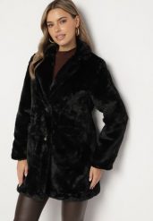 Czarny Futerkowy Płaszcz Jednorzędowy z Kieszeniami i Eleganckim Kołnierzem Daienna. Czarne płaszcze Born2be, bez wzorów, z jeansu, eleganckie, bez kaptura. Za 259.99 zł.