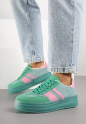 Zielono-Różowe Sneakersy Tenisówki z Ozdobnymi Paskami Melinella. Zielone trampki Born2be, bez wzorów, z jeansu, eleganckie, bez zapięcia. Za 89.99 zł.