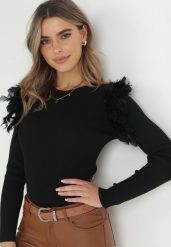 Czarny Sweter z Piórami i Koralikami Feco. Czarne swetry Born2be, s, bez wzorów, z dzianiny, bez ramiączek. W wyprzedaży za 110.49 zł.