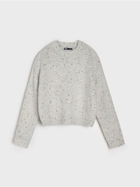 Sweter z kolorowymi cekinami i domieszką wełny - szary. Szare swetry Sinsay, l, bez wzorów, z wełny, bez ramiączek. Za 69.99 zł.