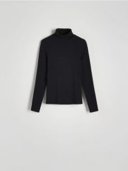 Bluzka z golfem - czarny. Czarne bluzki Reserved, l, bez wzorów, z bawełny, bez kołnierzyka, bez ramiączek. W wyprzedaży za 39.99 zł.