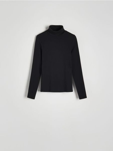 Bluzka z golfem - czarny. Czarne bluzki Reserved, l, bez wzorów, z bawełny, bez kołnierzyka, bez ramiączek. W wyprzedaży za 39.99 zł.