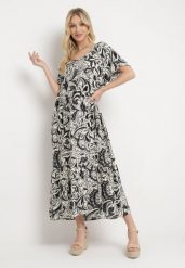 Szaro-Biała Wiskozowa Sukienka z Krótkim Rękawem i Falbanką Cindabella. Szare sukienki Born2be, na co dzień, l, bez wzorów, z wiskozy, eleganckie, bez kołnierzyka, bez ramiączek, midi, proste. W wyprzedaży za 59.99 zł.