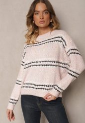 Jasnoróżowy Sweter z Bawełną w Paski Siadora. Czerwone swetry Renee, bez wzorów, z bawełny, biznesowe, bez ramiączek. W wyprzedaży za 63.99 zł.