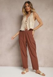 Ciemnobrązowe Spodnie z Bawełny High Waist Sonirea. Brązowe jeansy Renee, bez wzorów, z bawełny, z podwyższonym stanem. W wyprzedaży za 32.99 zł.