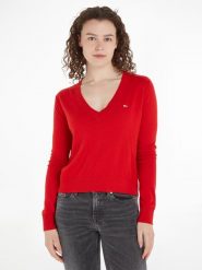 TOMMY JEANS Sweter w kolorze czerwonym rozmiar: L. Czerwone swetry Tommy Jeans, l, bez wzorów, z bawełny, bez ramiączek. Za 268.55 zł.
