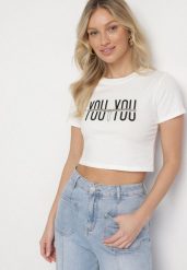 Biały Bawełniany T-shirt z Napisem i Łańcuchem Olimelia. Białe t-shirty Born2be, m, bez wzorów, z bawełny, bez kołnierzyka, bez ramiączek. Za 59.99 zł.