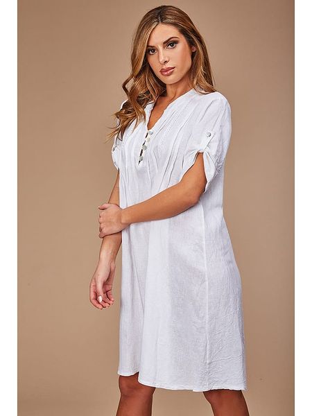 100% LIN Lniana sukienka w kolorze białym rozmiar: 40/42. Białe sukienki 100% Lin, bez wzorów, ze lnu, klasyczne, bez kołnierzyka, bez ramiączek, midi. Za 52.92 zł.